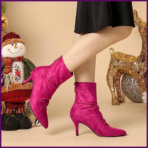 Pointy Toe Stiletto Ankle Boots with Back Zipper, Faux Suede - Picture 3 of 8